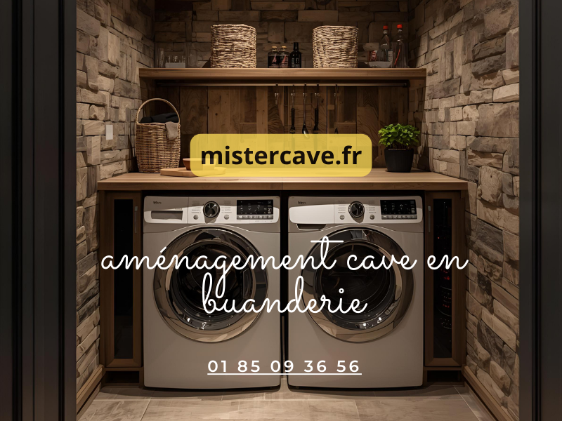 Buanderie aménagée en cave avec lave-linge, sèche-linge, plan de travail et rangements muraux