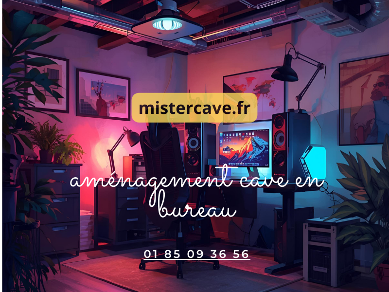 Bureau aménagé en cave avec poste de travail ergonomique, éclairage LED et isolation phonique