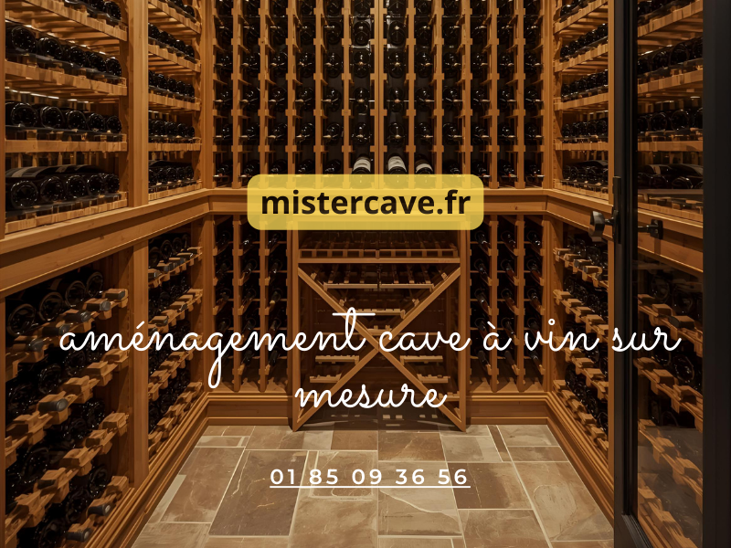 Cave à vin sur-mesure avec casiers en bois, climatisation intégrée et éclairage LED ambré