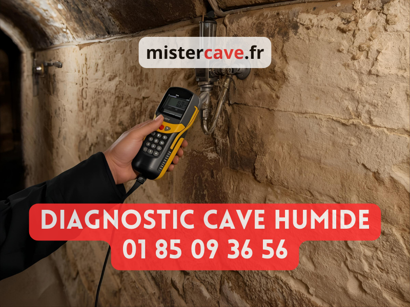 Diagnostic d'une cave humide à Paris : technicien MisterCave utilisant un hygromètre professionnel pour mesurer le taux d'humidité des murs en pierre d'une cave ancienne présentant des traces de salpêtre et des remontées capillaires