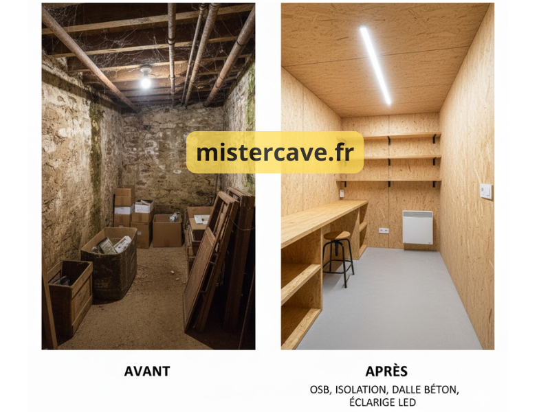 Cave parisienne haussmannienne avant et après rénovation : à gauche cave voûtée humide avec salpêtre et éclairage déficient, à droite la même cave après traitement complet avec murs blancs, sol carrelé et éclairage LED