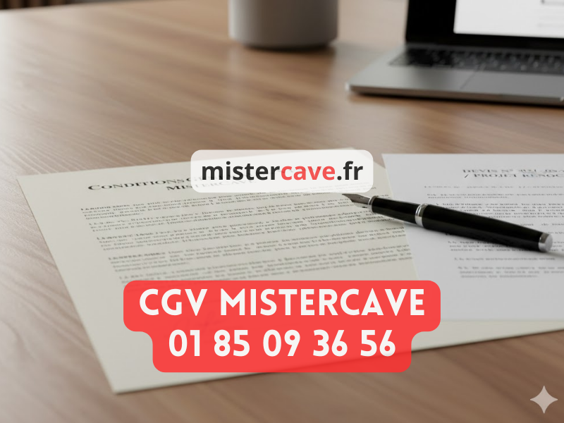 Conditions Générales de Vente MisterCave : document contractuel pour les prestations de rénovation de cave, avec stylo et devis posés sur un bureau professionnel