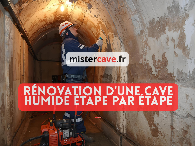 Rénovation d'une cave humide étape par étape : technicien MisterCave appliquant un traitement anti-humidité par injection de résine sur les murs d'une cave parisienne présentant des remontées capillaires et du salpêtre, avec équipement professionnel et protection
