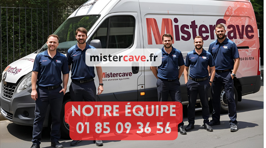 contact Équipe MisterCave : techniciens qualifiés en rénovation de cave devant leur camion d'intervention à Paris, prêts pour un diagnostic gratuit