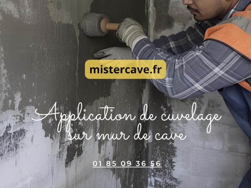 Application de cuvelage sur mur de cave : technicien étalant du mortier hydrofuge gris sur paroi enterrée humide
