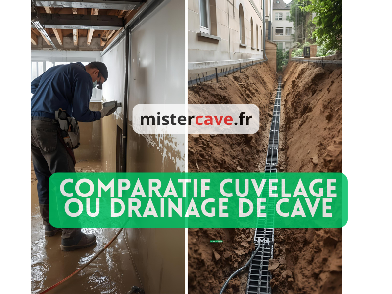 Comparatif cuvelage ou drainage de cave : à gauche, technicien appliquant un enduit hydrofuge de cuvelage sur les murs d'une cave humide ; à droite, installation d'un drain périphérique dans une tranchée autour des fondations d'un pavillon parisien