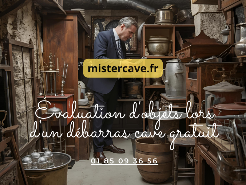 Évaluation d'objets lors d'un débarras cave gratuit : expert examinant meubles anciens, cuivre et électroménager dans une cave parisienne