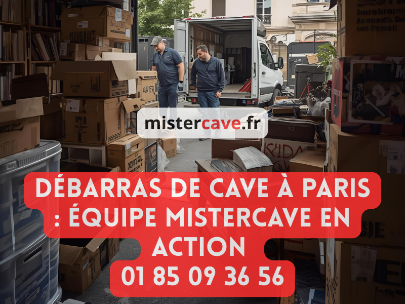 Débarras de cave à Paris : équipe MisterCave en action évacuant meubles et cartons d'une cave encombrée, camion de transport visible en arrière-plan