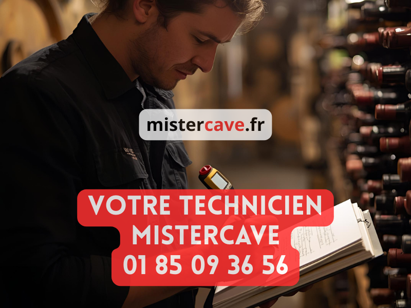 Technicien MisterCave réalisant un diagnostic gratuit dans une cave parisienne : mesure de l'humidité avec hygromètre professionnel, prise de notes et évaluation des travaux nécessaires