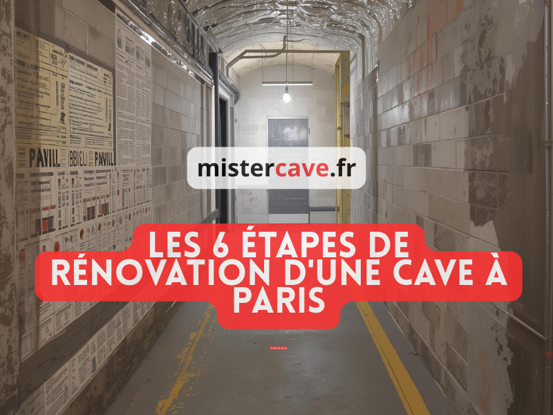 Rénovation Cave Étapes clés à Paris : de gauche à droite, diagnostic avec hygromètre, débarras et nettoyage, traitement d'humidité par injection, pose d'isolation au plafond, installation électrique aux normes, et finitions avec peinture anti-humidité