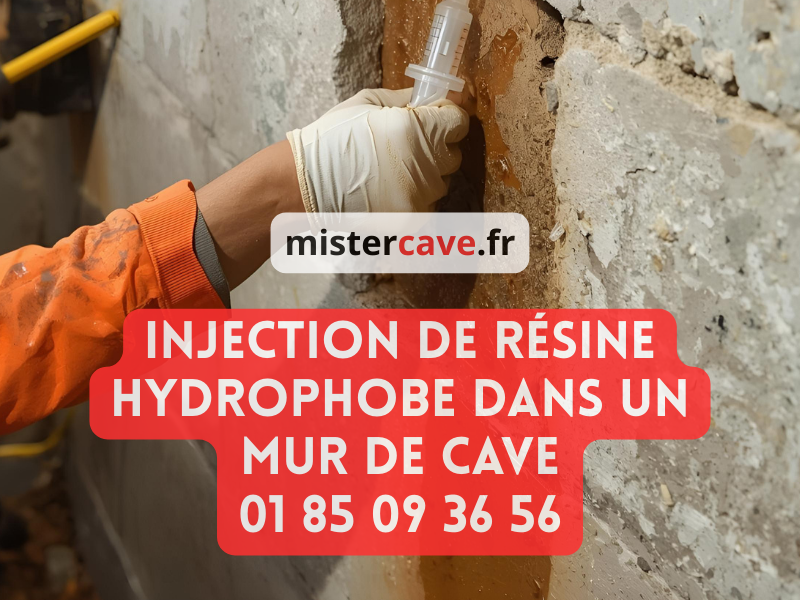 Injection de résine hydrophobe dans un mur de cave : technicien réalisant des forages à la base du mur en pierre pour injecter la résine contre les remontées capillaires