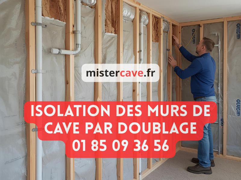 Isolation des murs de cave par doublage sur ossature métallique : pose de laine de roche entre les montants avec pare-vapeur et plaques de plâtre pour aménagement en pièce de vie
