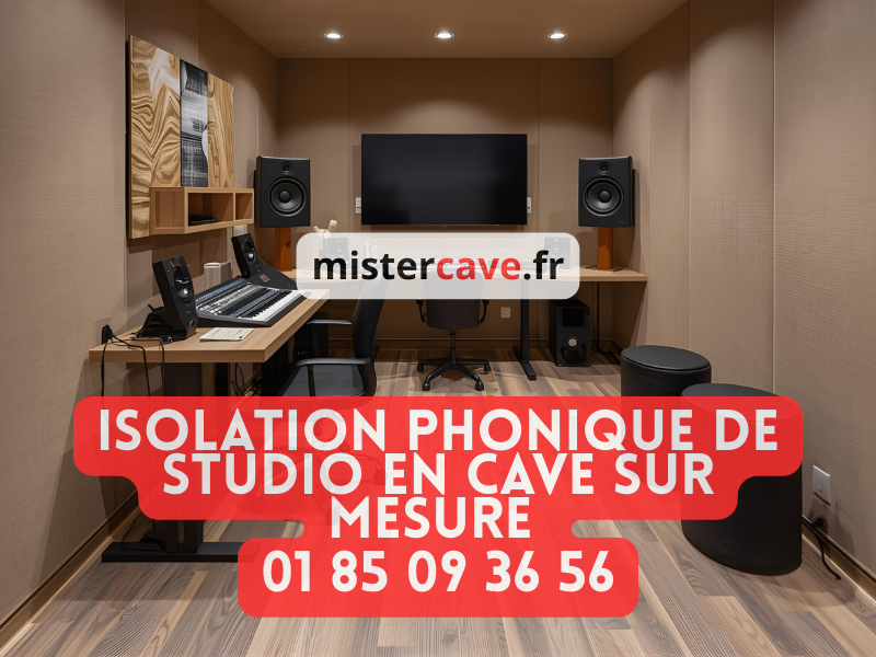 Isolation phonique cave pour studio de musique : doublage acoustique des murs avec laine de roche haute densité, membrane masse lourde et plaques de plâtre phoniques