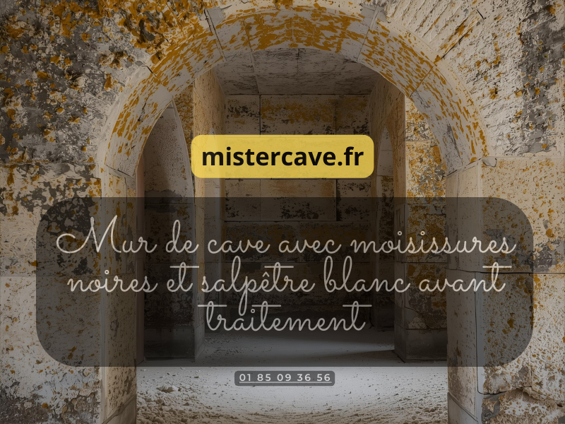 Mur de cave avec moisissure salpêtre noire et salpêtre blanc avant traitement : efflorescences salines en bas du mur et taches de champignons près du plafond