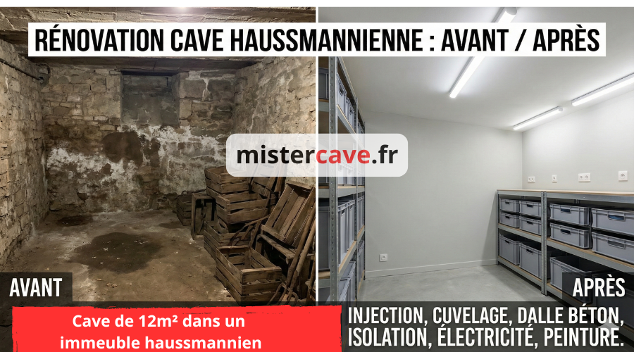 Rénovation de cave avant/après Paris : transformation complète d'une cave humide en espace de rangement moderne avec traitement anti-humidité, isolation et éclairage LED