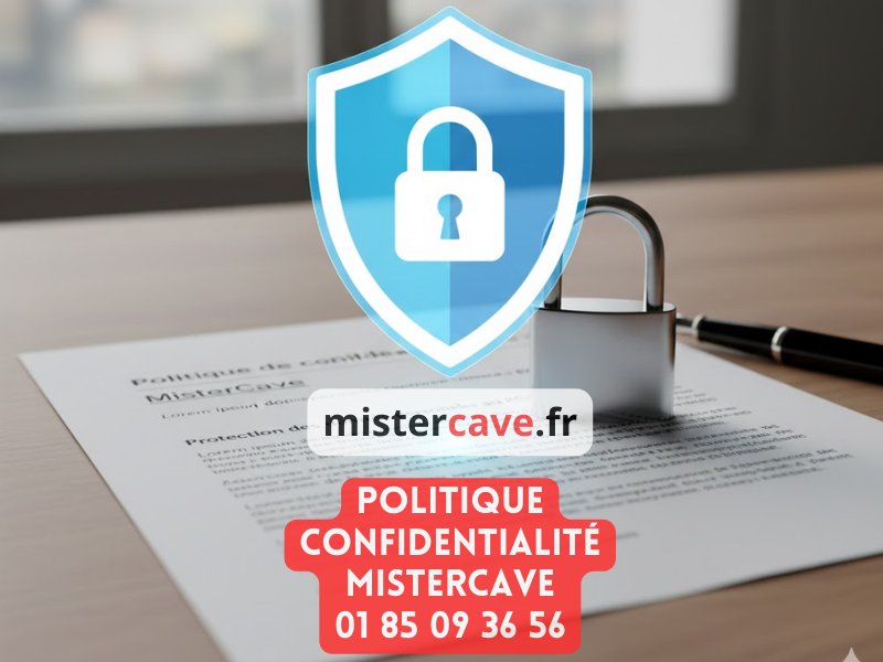Politique de confidentialité MisterCave : protection des données personnelles conforme au RGPD, avec cadenas sécurisé et symbole de bouclier représentant la sécurité des informations clients