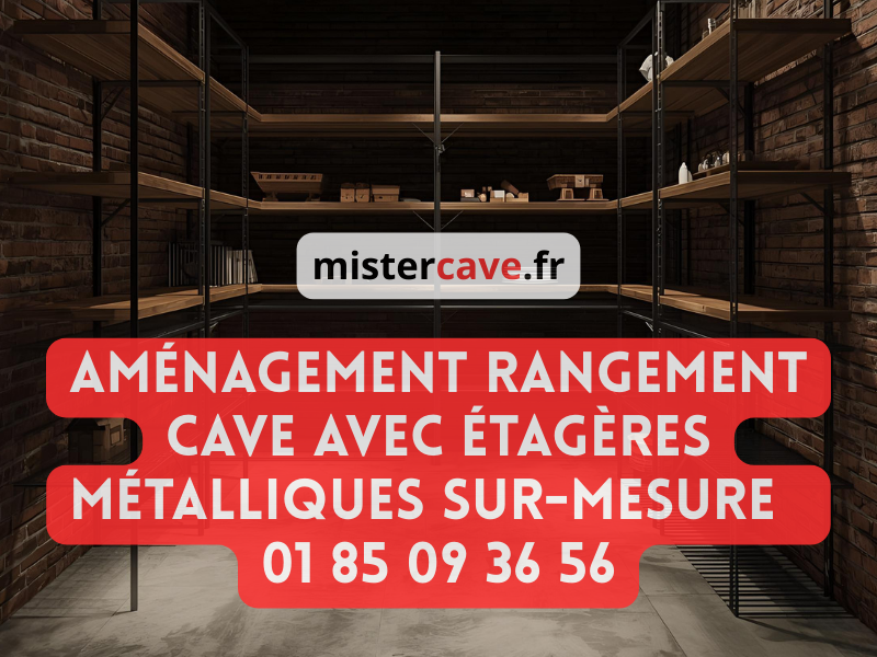 Aménagement rangement cave avec étagères métalliques sur-mesure : système modulaire du sol au plafond avec bacs de rangement étiquetés et allée centrale dégagée