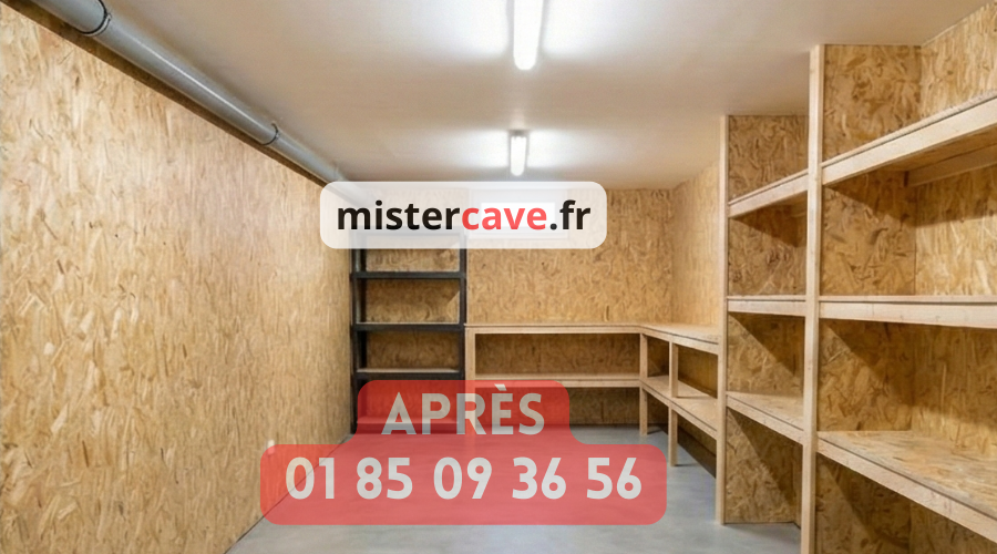 Cave Paris 11e après rénovation : espace de rangement moderne