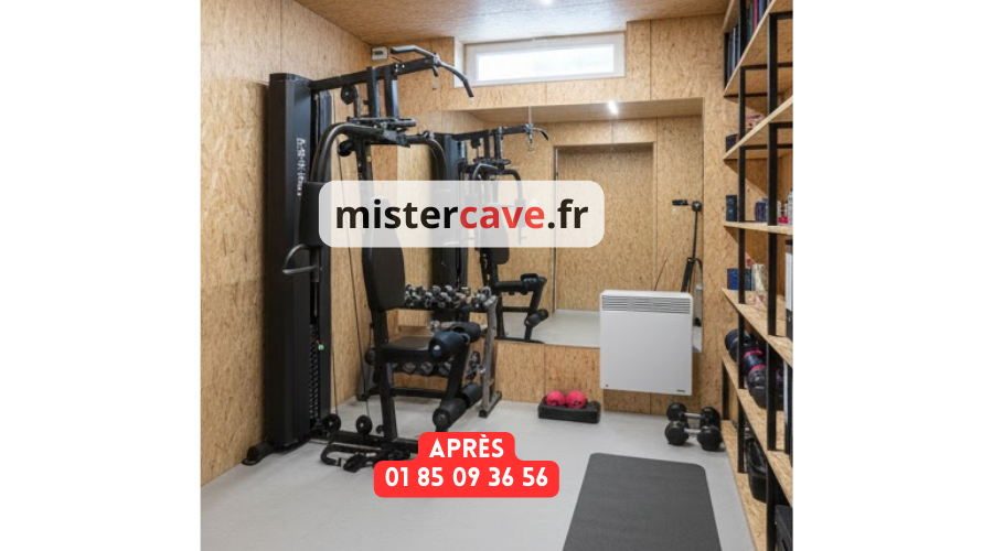 Salle de sport en cave après : équipement fitness moderne