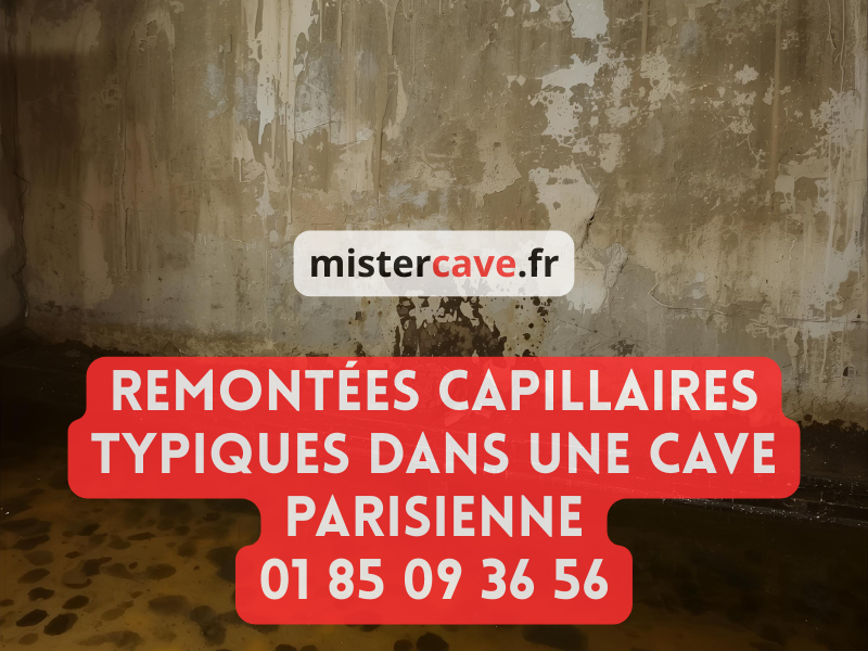 Remontées capillaires dans une cave parisienne : mur en pierre avec ligne d'humidité horizontale visible, salpêtre blanc à la base et enduit décollé jusqu'à 80 cm de hauteur, avant traitement par injection de résine