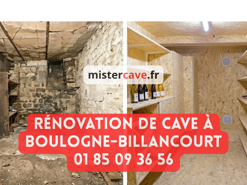 Rénovation de cave à Boulogne-Billancourt : technicien MisterCave effectuant un traitement anti-humidité dans une cave d'immeuble du quartier Billancourt, près des bords de Seine