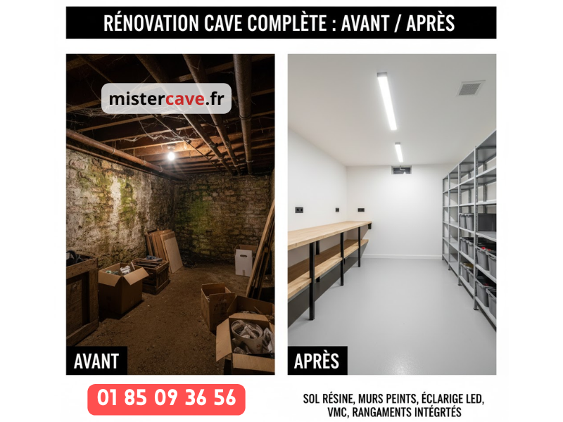 Rénovation de cave complète avant/après : transformation d'une cave humide et vétuste en espace moderne et fonctionnel avec sol en résine, murs peints, éclairage LED et ventilation VMC