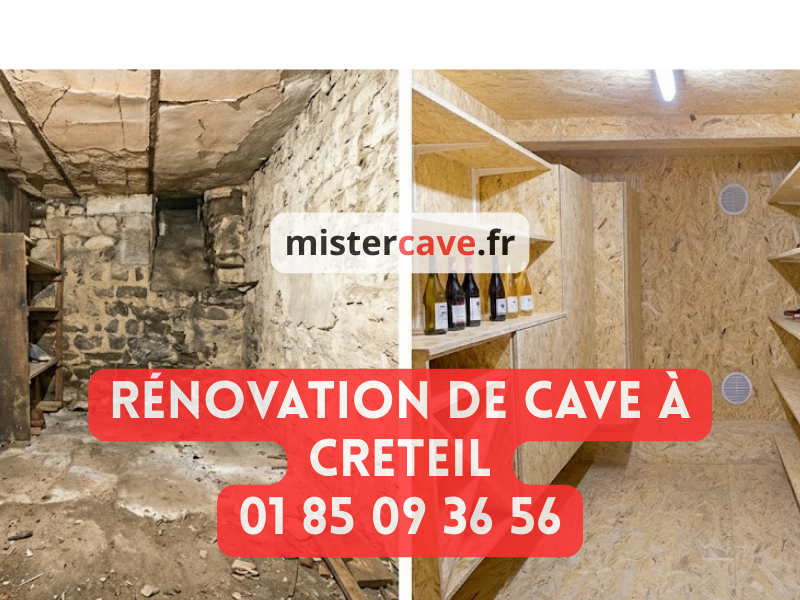 Rénovation cave Créteil : technicien MisterCave réalisant un traitement anti-humidité dans la cave d'une résidence du quartier du Lac, avec équipement professionnel de cuvelage et drainage