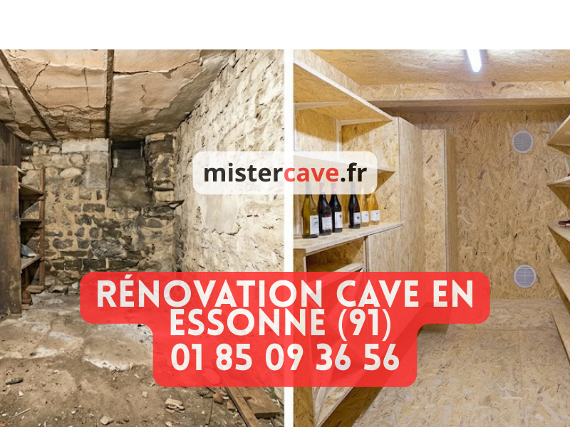 Rénovation cave Essonne 91 : traitement humidité et isolation dans une cave de pavillon avec murs en parpaings, sol béton et traitement anti-remontées capillaires
