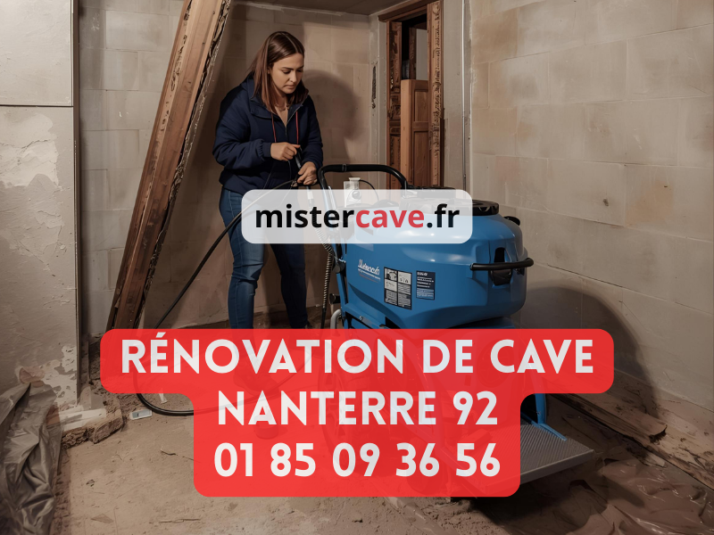 Rénovation cave Nanterre : technicien MisterCave réalisant un traitement anti-humidité dans la cave d'un pavillon du quartier du Mont-Valérien, avec équipement professionnel de cuvelage