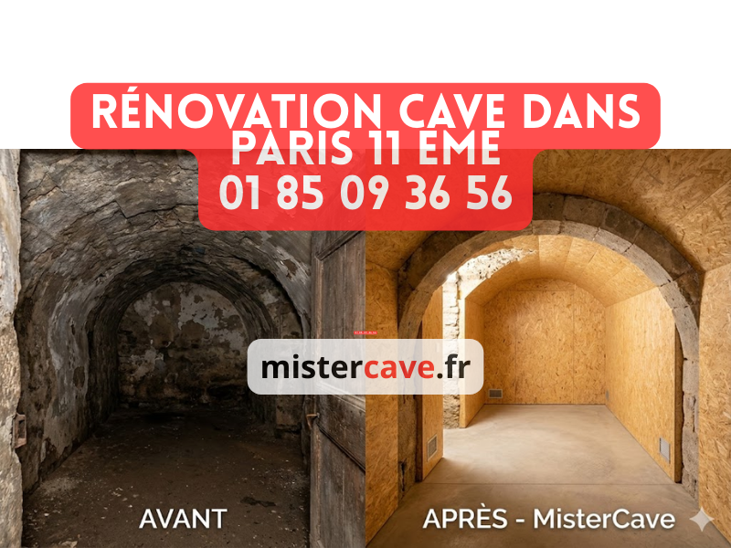 Rénovation cave Paris 11e arrondissement de Paris : avant-après d'une cave voûtée en pierre typique du quartier Bastille-Oberkampf, traitement humidité et enduit de finition par l'équipe MisterCave