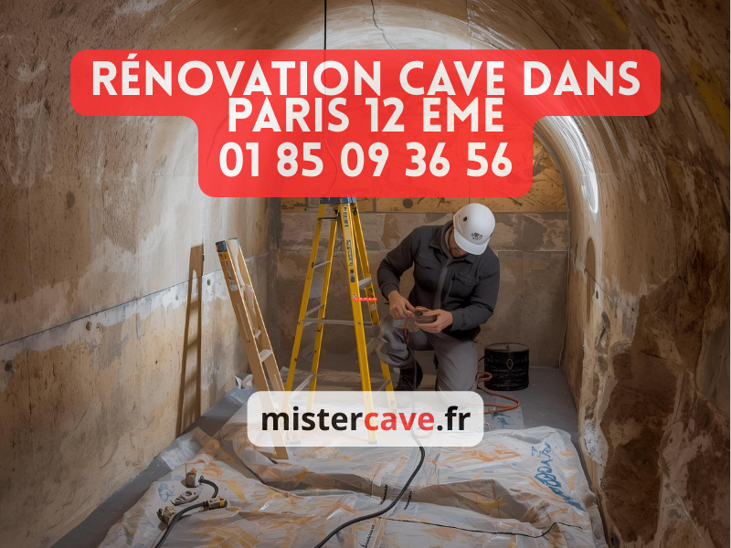 Rénovation de cave dans le 12e arrondissement de Paris : technicien MisterCave traitant l'humidité d'une cave voûtée typique du quartier Bercy-Nation, avec application d'enduit hydrofuge sur murs en pierre calcaire