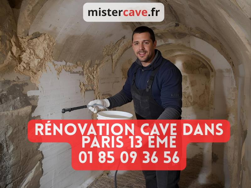 Rénovation de cave dans le 13e arrondissement de Paris : intervention de traitement d'humidité dans une cave ancienne du quartier Butte-aux-Cailles, avec technicien MisterCave appliquant un enduit d'étanchéité sur murs en pierre
