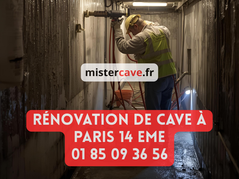 Rénovation de cave Paris 14e : technicien MisterCave réalisant un cuvelage dans une cave voûtée du quartier Montparnasse, avec traitement spécifique adapté aux zones de carrières souterraines"