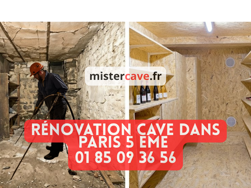 Rénovation cave Paris 5e : technicien MisterCave effectuant un traitement anti-humidité dans une cave voûtée en pierre du Quartier Latin, avec équipement professionnel de cuvelage adapté au patrimoine historique