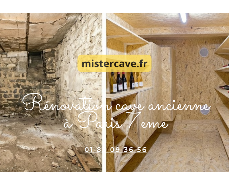 Rénovation cave haussmannienne Paris 7e : voûte en pierre restaurée avec traitement anti-humidité dans un immeuble près des Invalides
