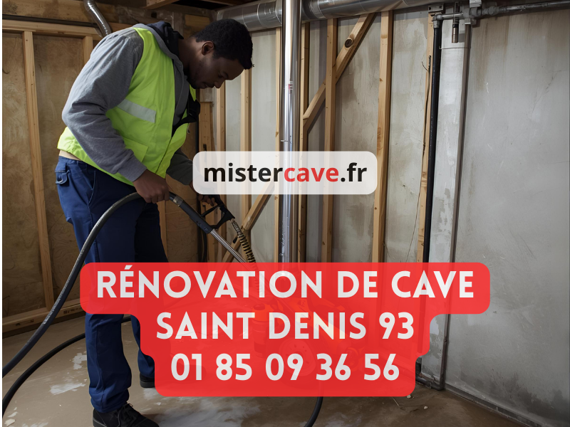 Rénovation de cave à Saint-Denis : technicien MisterCave réalisant un diagnostic humidité dans la cave voûtée d'un immeuble ancien du centre historique près de la Basilique, avec appareil de mesure hygrométrique