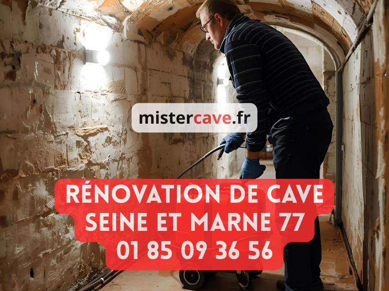 Rénovation Cave Seine et Marne : technicien MisterCave réalisant un traitement anti-humidité dans la cave d'un pavillon briard à Meaux, avec équipement professionnel d'injection de résine contre les remontées capillaires liées aux sols argileux de la Brie