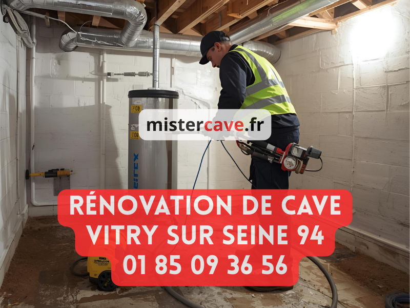 Rénovation Cave Vitry sur Seine : technicien MisterCave réalisant un traitement anti-humidité dans la cave d'un pavillon du quartier du Plateau, avec équipement professionnel d'injection de résine