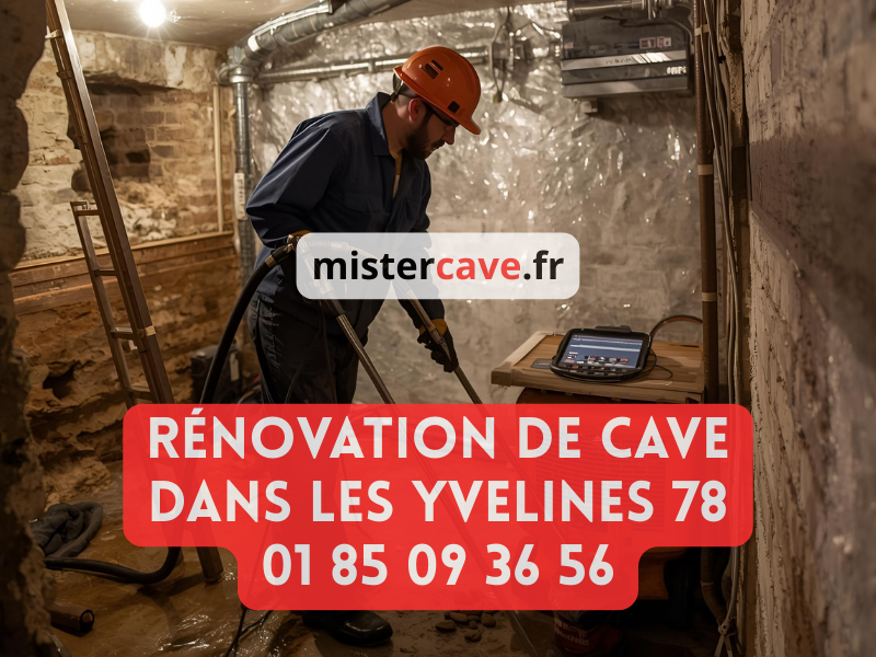 Rénovation cave Yvelines (78) : technicien MisterCave effectuant un traitement anti-humidité dans la cave voûtée d'une maison bourgeoise de Versailles, avec techniques respectueuses du patrimoine