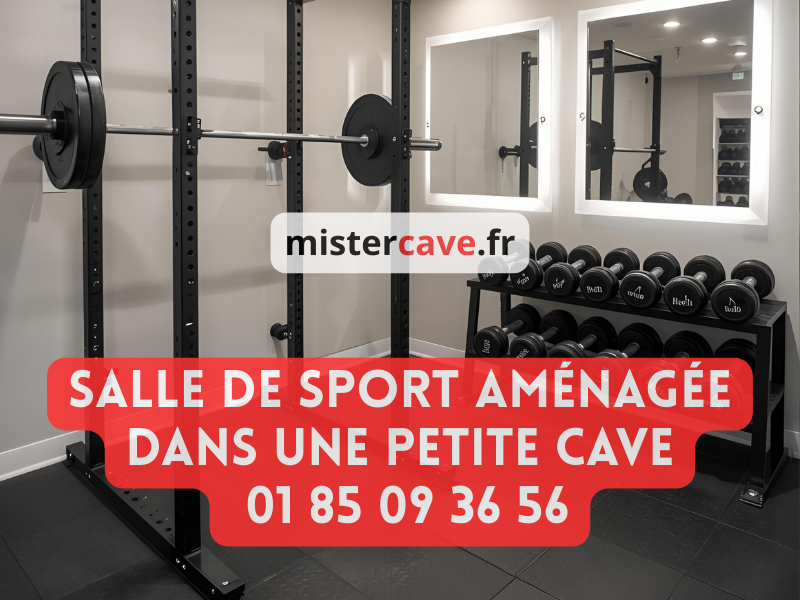 Salle de sport aménagée en cave avec sol en dalles caoutchouc noir, rack de musculation, haltères, miroirs muraux et éclairage LED pour un entraînement confortable à domicile