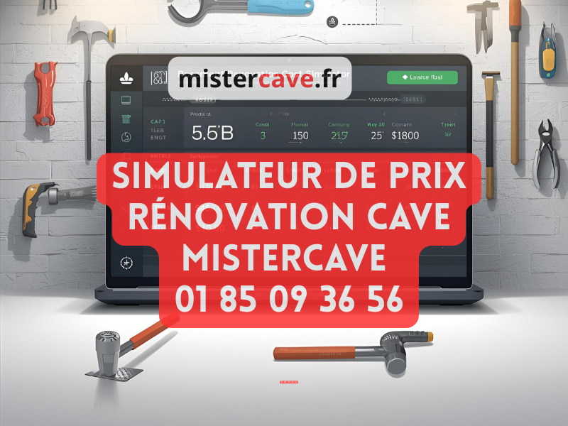 Simulateur de prix rénovation cave MisterCave : écran montrant le calculateur interactif avec les options surface, état, travaux et le résultat d'estimation instantané