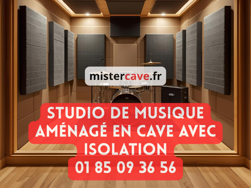 Studio de musique aménagé en cave avec isolation acoustique box dans box : murs recouverts de panneaux absorbants, batterie au centre, éclairage LED et traitement acoustique professionnel
