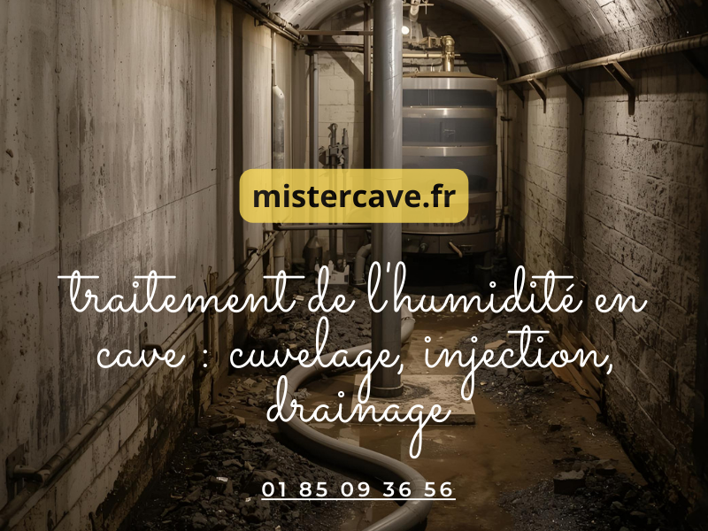 Techniques de traitement cave humide : cuvelage des murs, injection de résine hydrophobe et installation drainage périphérique