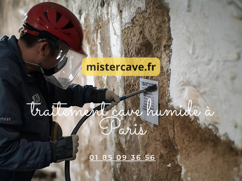 Traitement cave humide à Paris : technicien appliquant un cuvelage sur mur de cave avec traces de salpêtre et moisissures