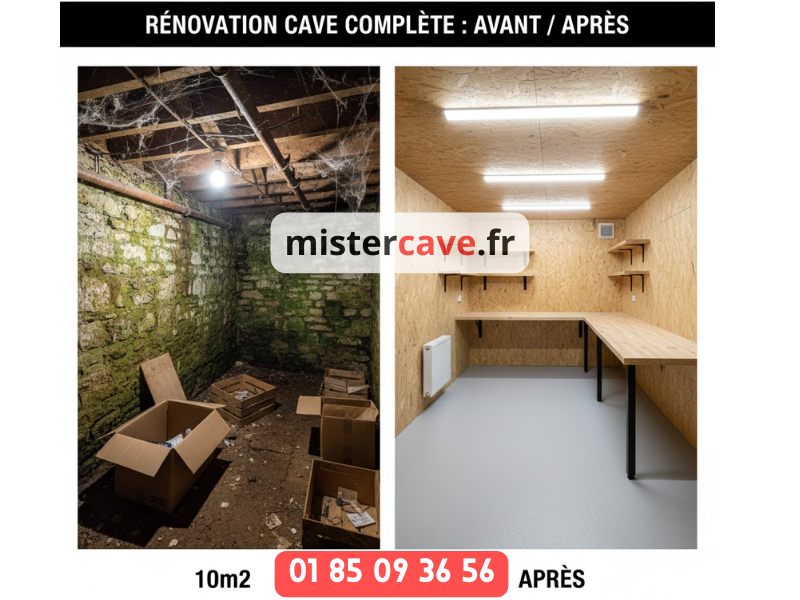 Transformation cave en bureau moderne : espace de travail lumineux aménagé dans un sous-sol avec isolation, éclairage LED, mobilier contemporain et ventilation mécanique, réalisé par MisterCave