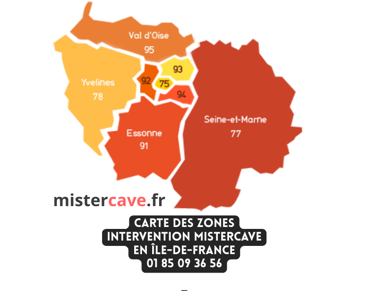 Carte des zones intervention MisterCave en Île-de-France : Paris et les 7 départements de la région couverts pour la rénovation et le traitement des caves